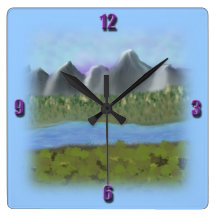 Digital Painting_Mountains and River Blue Clock