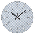 Dining Utensils Gingham Blue wall clocks