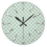 Dining Utensils Gingham Green wall clocks