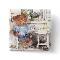 Dinky Bears Watercolor - Reading Bear Button