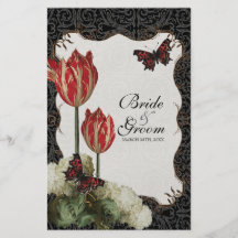 Dinner Menu Card - Black n Cream Red Tulip Damask Full Color Flyer