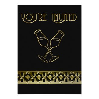 Dinner Party Invitation, Black and Gold Wine Glass