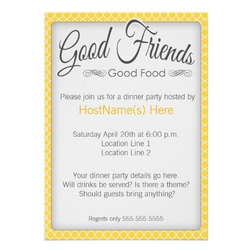 Dinner Party Invitations in Yellow (front side)