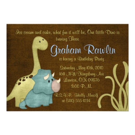 dino birthday party fun cute sweet brown green personalized invitations