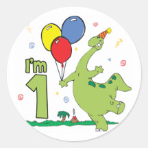 Dino First Birthday Round Stickers