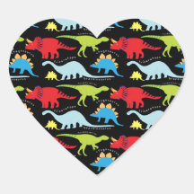 Dinosaur Designs Blue Red Green on Black Heart Stickers