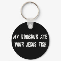 Dinosaur Eats Jesus Fish keychains