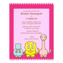 Dinosaur Theme Girl's Birthday Party Invitation
