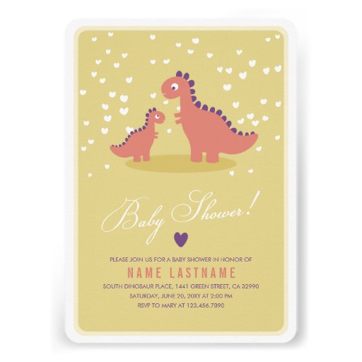 Dinosaur Yellow Pink Baby Shower Invite Rounded (front side)