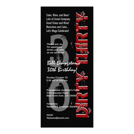DIRTY THIRTY 30th Birthday Party Black Red Tall Personalized Invite