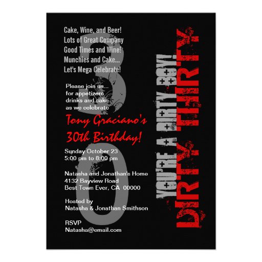 Dirty Thirty Birthday Black White Red Dirty Boy Personalized Invites
