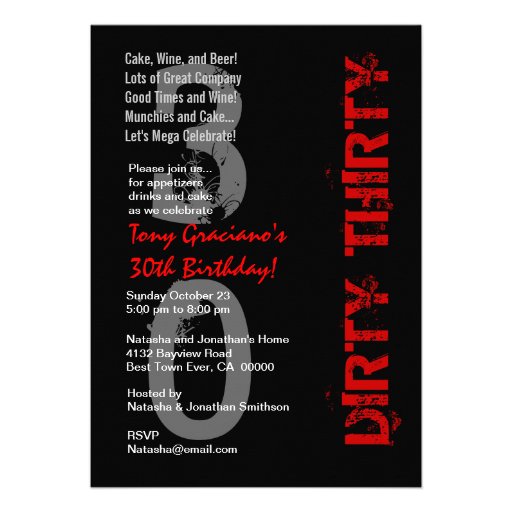 Dirty Thirty Birthday Black White Red Template Invitation