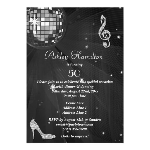 Disco Ball and Heels Black & Silver 50th Birthday Personalized Invite