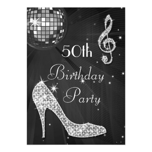 Disco Ball and Heels Black & Silver 50th Birthday Personalized Invite