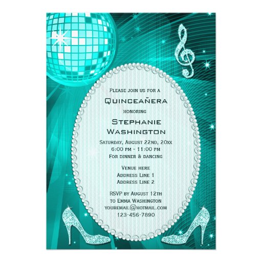 Disco Ball and Sparkle Heels Teal Quinceañera Personalized Announcement