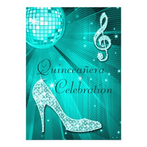 Disco Ball and Sparkle Heels Teal Quinceañera Personalized Announcement