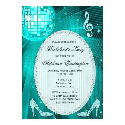 Disco Ball Sparkle Heels Teal Bachelorette Party Personalized Invitation