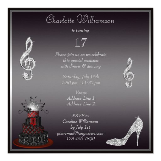 Disco Diva Cake, Silver Heels 17th Birthday Custom Invites