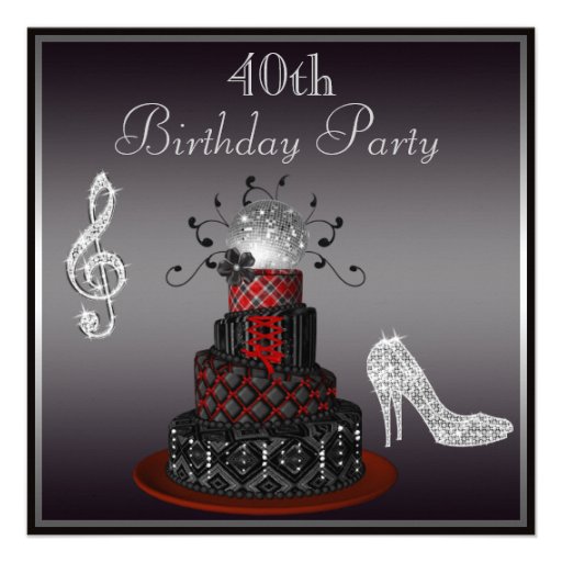 Disco Diva Cake, Silver Heels 40th Birthday Announcements (front side)