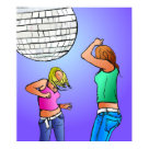 postcard - Pop art style illustration of two young girls having a dance under the disco ball.