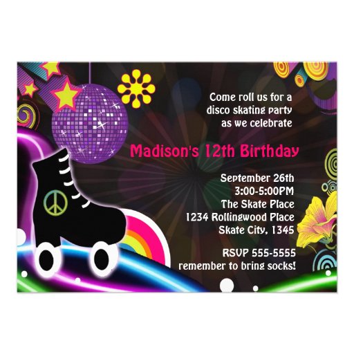Disco Glow Roller  Skating Skate Party Invitation