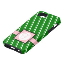 Diseño rayado verde, blanco y rosado del monograma iPhone 5 coberturas
