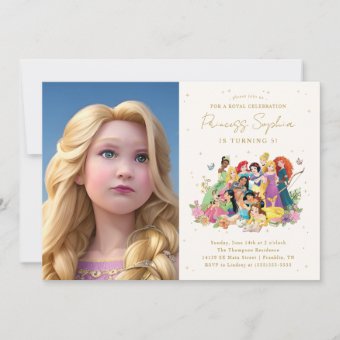 Disney Princess Gold Floral Birthday Photo Invitation Zazzle