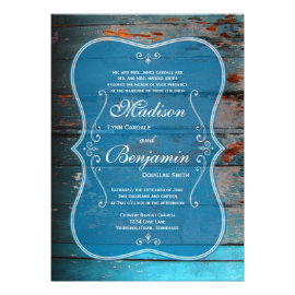 Distressed Blue Wood Rustic Wedding Invitations