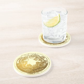 Distressed Golden Chinese Dragon Prosperity Wishes Coasters