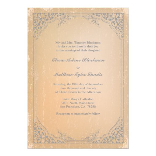 Distressed gunmetal grey vintage scroll wedding custom invitations