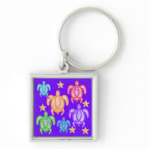 Distressed Rainbow Turtles Square Keychain
