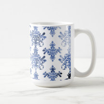 distressed white and royal blue damask pattern mugs