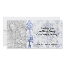 distressed white and royal blue damask pattern custom photo card