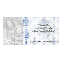 distressed white and royal blue damask pattern custom photo card