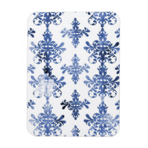 distressed white and royal blue damask pattern rectangular magnets