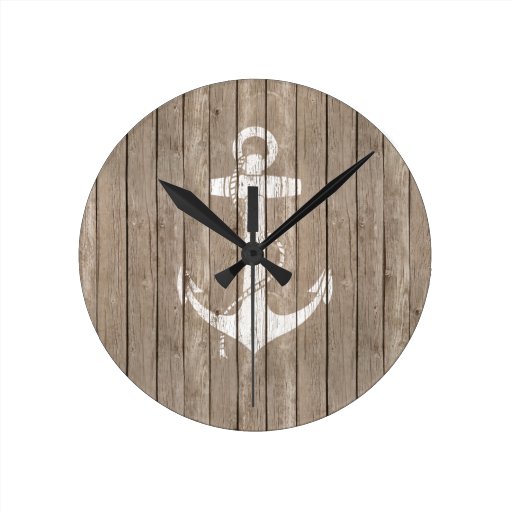 Distressed Wood with Anchor Round Wallclock Zazzle