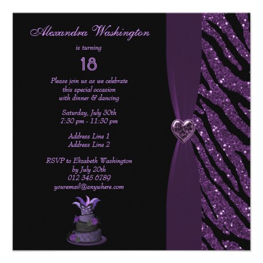 Diva Cake & Printed Zebra Glitter 18th Birthday Invites
