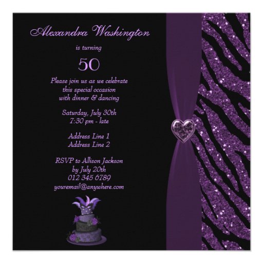 Diva Cake & Printed Zebra Glitter 50th Birthday Invite