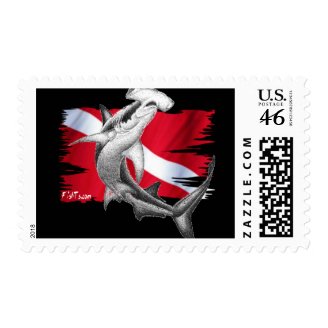 Dive flag with hammerhead shark-diver down postage stamp