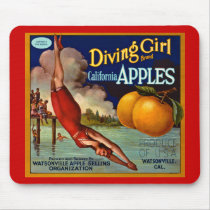 Diving Girl Apples - Vintage Fruit Crate Label Mousepads