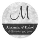 round_sticker - Classic marble design featuring last initial, two names, and date of wedding or related event. Perfect for European-themed, fancy or elegant weddings.