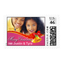 DIY Merry Christmas Bells Photo Postage (pink)