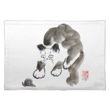 Do Snails Sting? Sumi-e kitten and snail Placemats