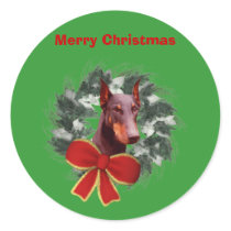 Doberman Wreath Christmas Holiday Sticker Label by SmilinEyesTreasures Doberman Wreath Christmas Holiday Sticker Label