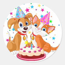 Dog and Cat Birthday Celebration Round Sticker