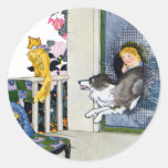 Dog Busts Screen Door to Get Cat Round Stickers