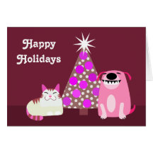 Dog & Cat at Christmas Tree Card