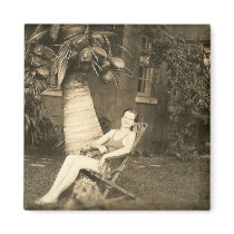 dog, lady and her coconuts magnets