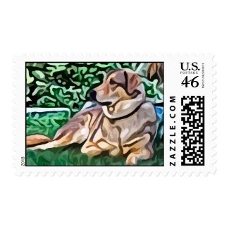 dog laying down painting postage stamps