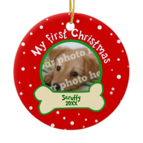 Dog My First Christmas Red and Green Pet Photo Double-Sided Ceramic Round Christmas Ornament
